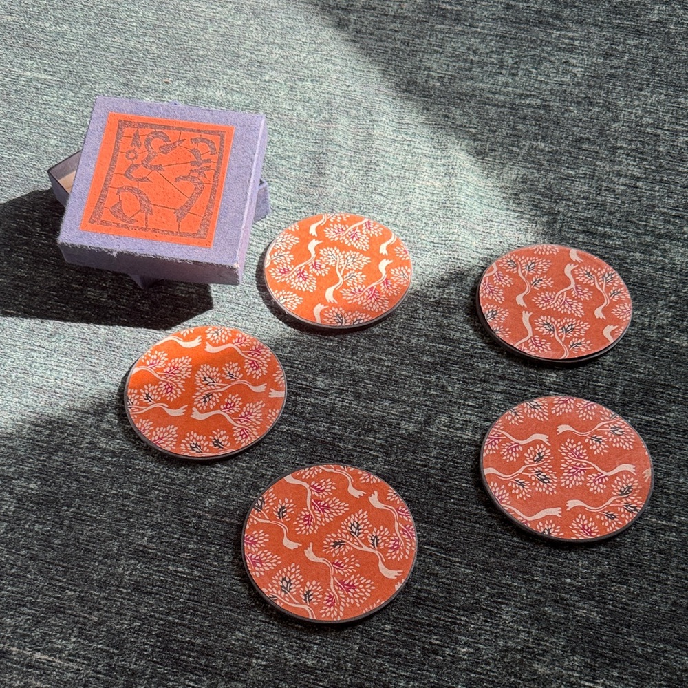 Vintage Set of 5 Orange Patterned Coasters